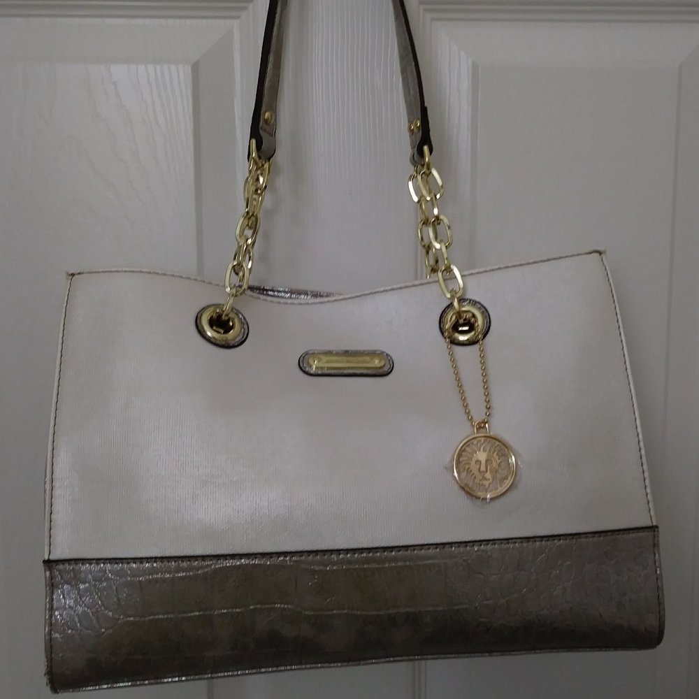 Anne Klein Shoulder Bag with Chain Handles Color Cream/Silver.